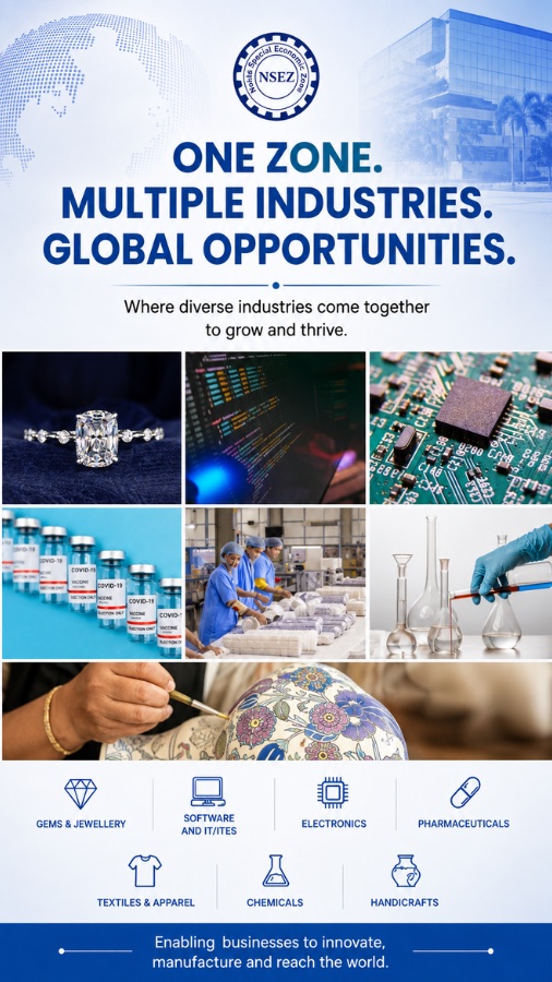 NSEZ — one zone, multiple industries, global opportunities: gems and jewellery, software and IT/ITeS, electronics, pharmaceuticals, textiles and apparel, chemicals and handicrafts.